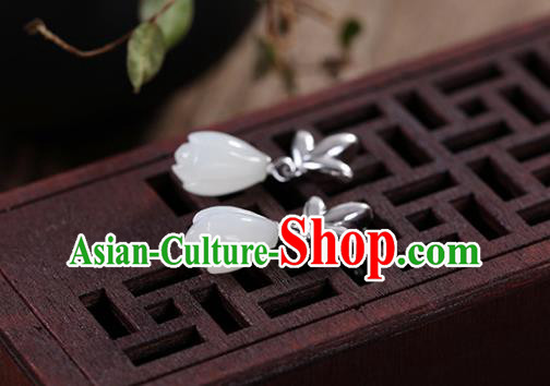 China Handmade Silver Earrings Traditional Cheongsam Jade Mangnolia Ear Accessories