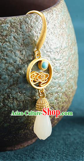 China Handmade Golden Cloud Earrings Traditional Cheongsam Hetian Jade Ear Accessories