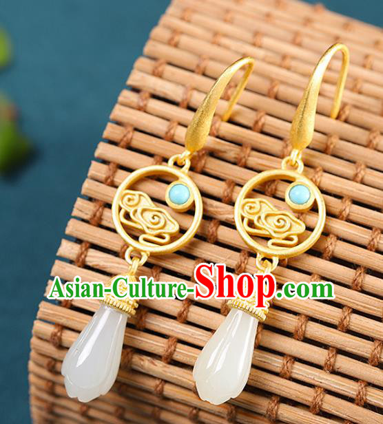 China Handmade Golden Cloud Earrings Traditional Cheongsam Hetian Jade Ear Accessories