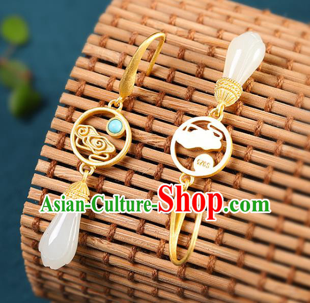 China Handmade Golden Cloud Earrings Traditional Cheongsam Hetian Jade Ear Accessories