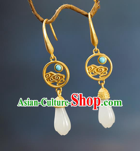 China Handmade Golden Cloud Earrings Traditional Cheongsam Hetian Jade Ear Accessories