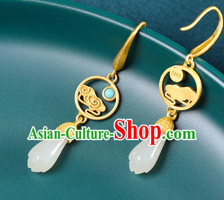 China Handmade Golden Cloud Earrings Traditional Cheongsam Hetian Jade Ear Accessories