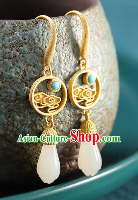 China Handmade Golden Cloud Earrings Traditional Cheongsam Hetian Jade Ear Accessories