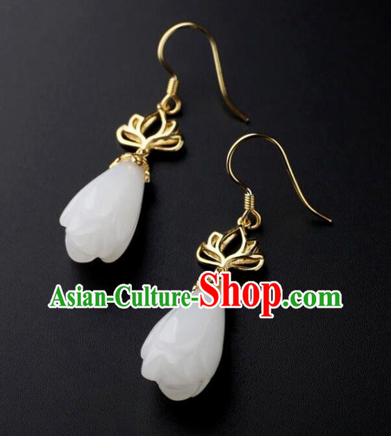 China Handmade National Jade Mangnolia Earrings Traditional Cheongsam Golden Lotus Ear Accessories