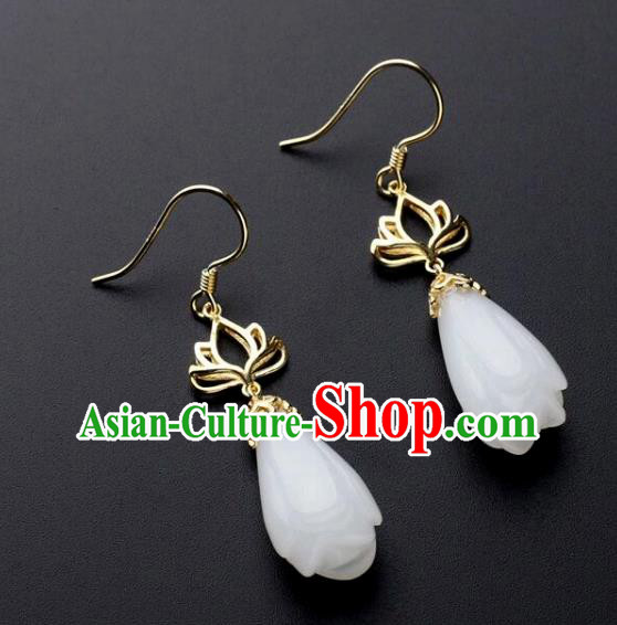 China Handmade National Jade Mangnolia Earrings Traditional Cheongsam Golden Lotus Ear Accessories
