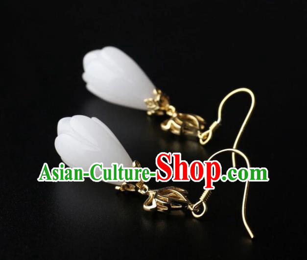 China Handmade National Jade Mangnolia Earrings Traditional Cheongsam Golden Lotus Ear Accessories