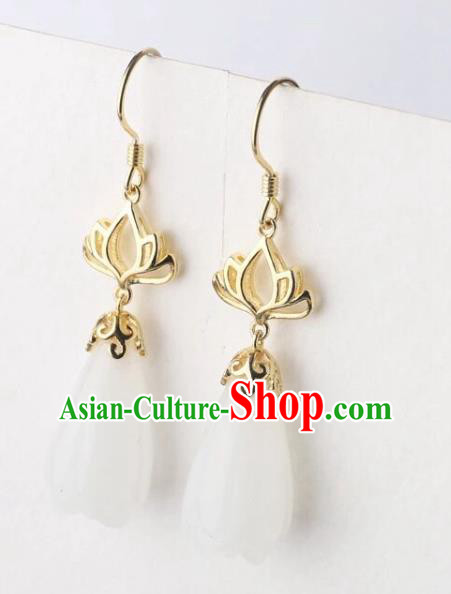 China Handmade National Jade Mangnolia Earrings Traditional Cheongsam Golden Lotus Ear Accessories