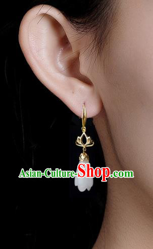 China Handmade National Jade Mangnolia Earrings Traditional Cheongsam Golden Lotus Ear Accessories