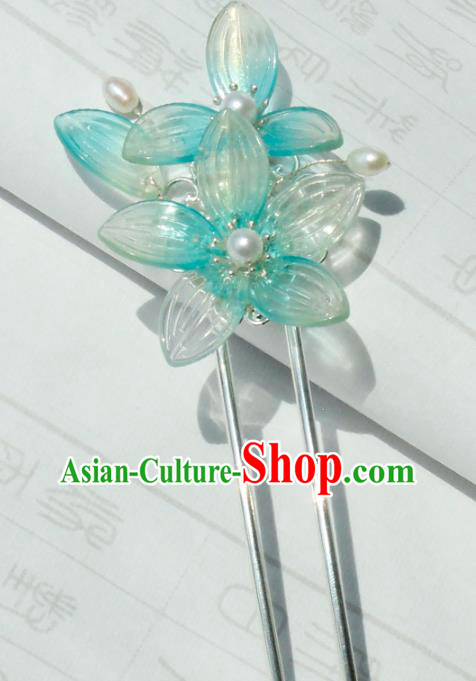 Chinese Ancient Princess Blue Lotus Hairpin Traditional Hanfu Ming Dynasty Hair Stick