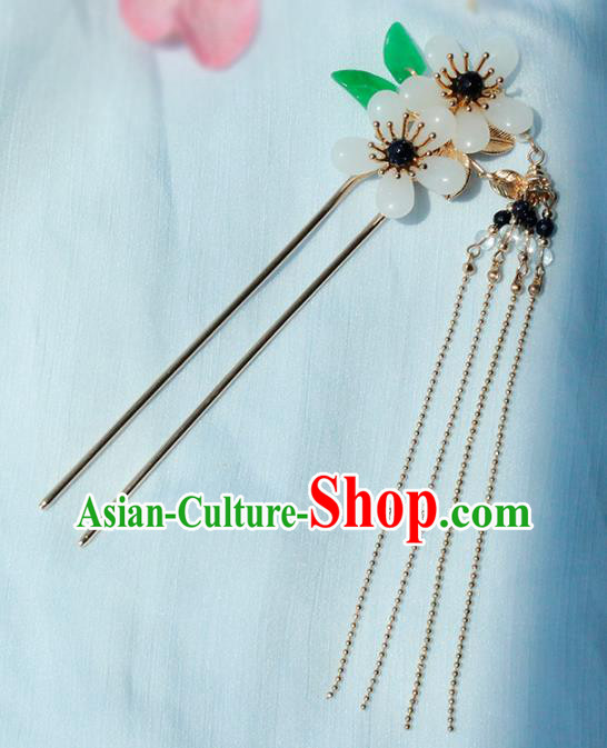 Chinese Ancient Palace Lady Long Tassel Hairpin Traditional Hanfu Ming Dynasty White Plum Blossom Hair Stick