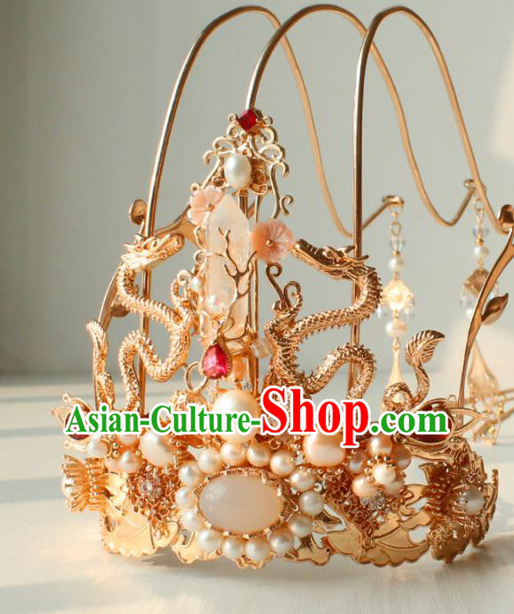 Chinese Ancient Empress Headwear Traditional Hanfu Ming Dynasty Golden Dragons Hair Crown