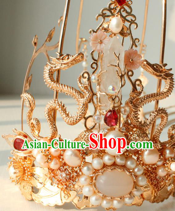 Chinese Ancient Empress Headwear Traditional Hanfu Ming Dynasty Golden Dragons Hair Crown