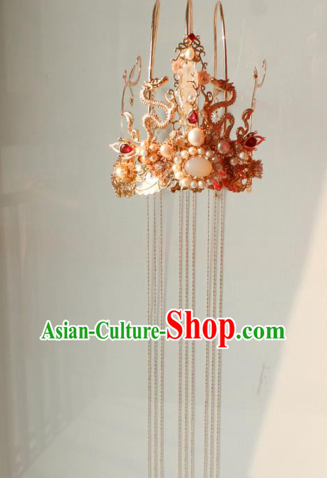 Chinese Ancient Empress Headwear Traditional Hanfu Ming Dynasty Golden Dragons Hair Crown