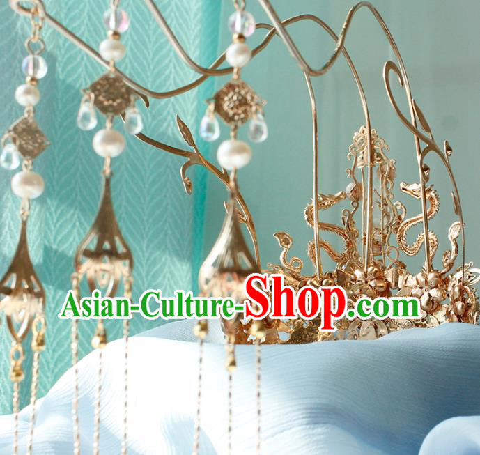 Chinese Ancient Empress Headwear Traditional Hanfu Ming Dynasty Golden Dragons Hair Crown