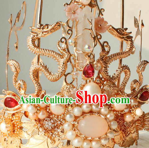 Chinese Ancient Empress Headwear Traditional Hanfu Ming Dynasty Golden Dragons Hair Crown