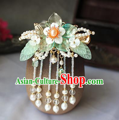 Chinese Ancient Princess Pearls Tassel Hair Stick Traditional Hanfu Ming Dynasty Green Flower Hair Claw