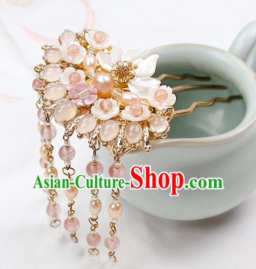 Chinese Ancient Princess Chalcedony Pearls Tassel Hairpin Traditional Hanfu Song Dynasty Shell Lotus Hair Comb