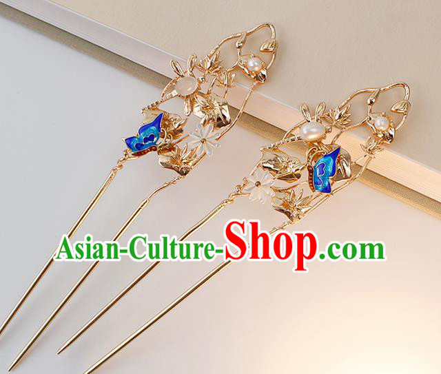 Chinese Ancient Princess Cloisonne Butterfly Hairpin Traditional Hanfu Ming Dynasty Golden Dragonfly Hair Stick