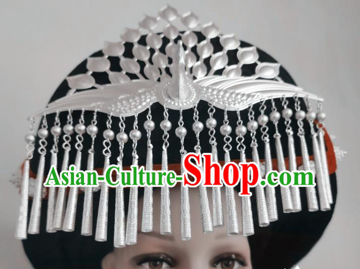 Chinese Liangshan Ethnic Silver Phoenix Headwear Traditional Yi Nationality Minority Stage Performance Hat