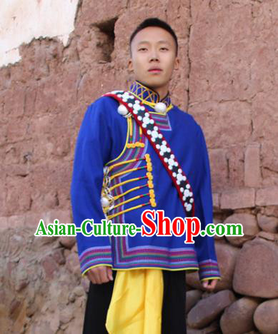 China Yi Nationality Male Blue Woolen Jacket Traditional Ethnic Upper Outer Garment
