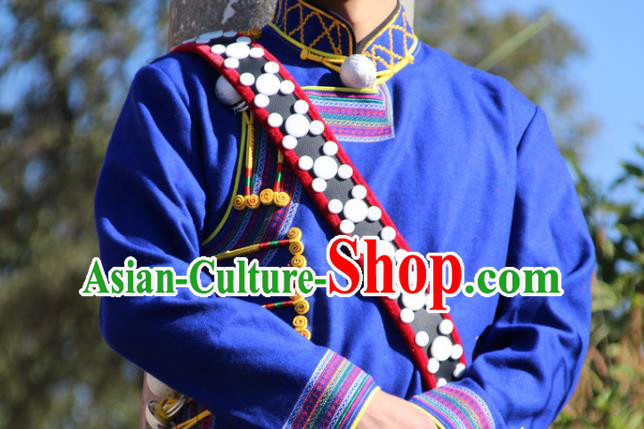 China Yi Nationality Male Blue Woolen Jacket Traditional Ethnic Upper Outer Garment