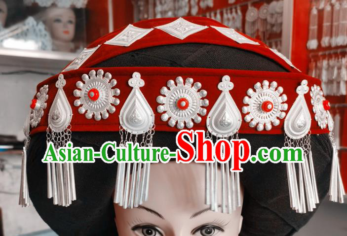 Chinese Liangshan Ethnic Silver Tassel Headwear Traditional Yi Nationality Stage Performance Red Hat