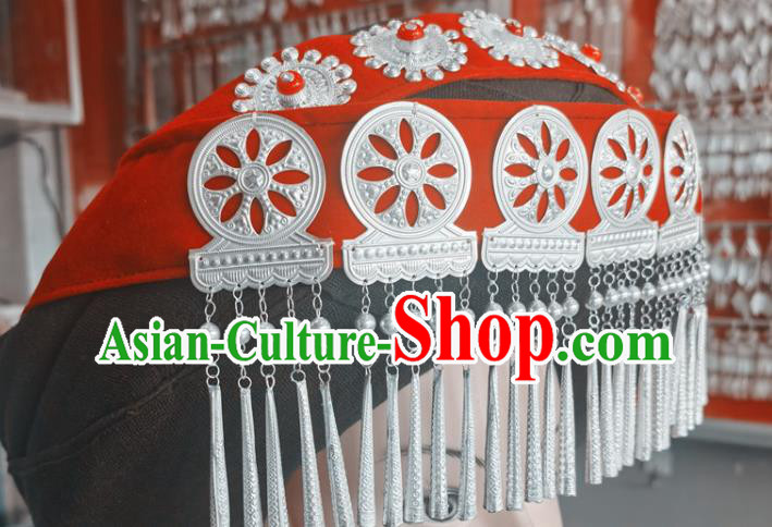 Chinese Liangshan Ethnic Wedding Silver Tassel Headwear Traditional Yi Nationality Bride Red Hat