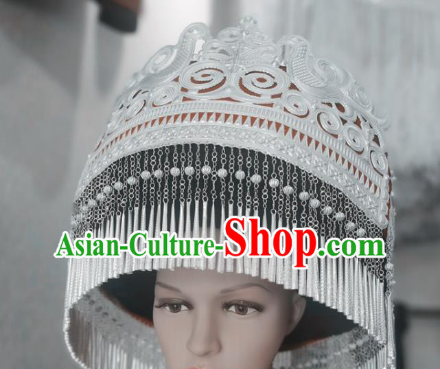 Chinese Liangshan Ethnic Ceremony Headwear Traditional Yi Nationality Wedding Bride Silver Tassel Hat