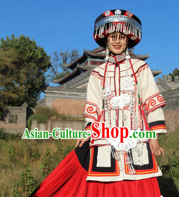 China Yi Nationality Minority White Outfits Clothing Traditional Liangshan Ethnic Wedding Bride Costumes and Hat