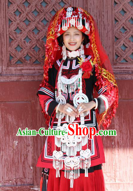 China Traditional Liangshan Ethnic Bride Costumes Yi Nationality Minority Wedding Outfits Clothing and Headwear