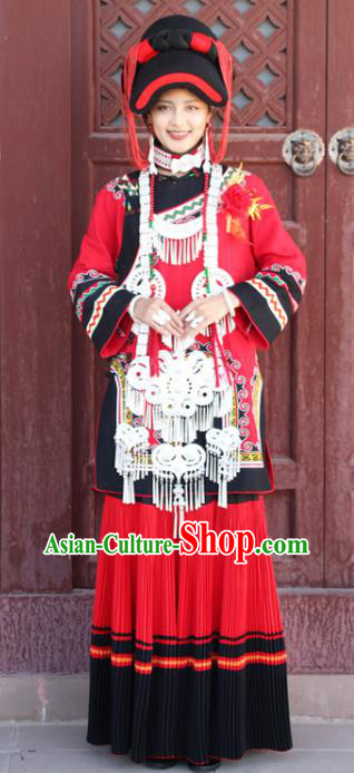 China Traditional Liangshan Ethnic Wedding Costumes Yi Nationality Minority Bride Red Outfits Clothing and Hat