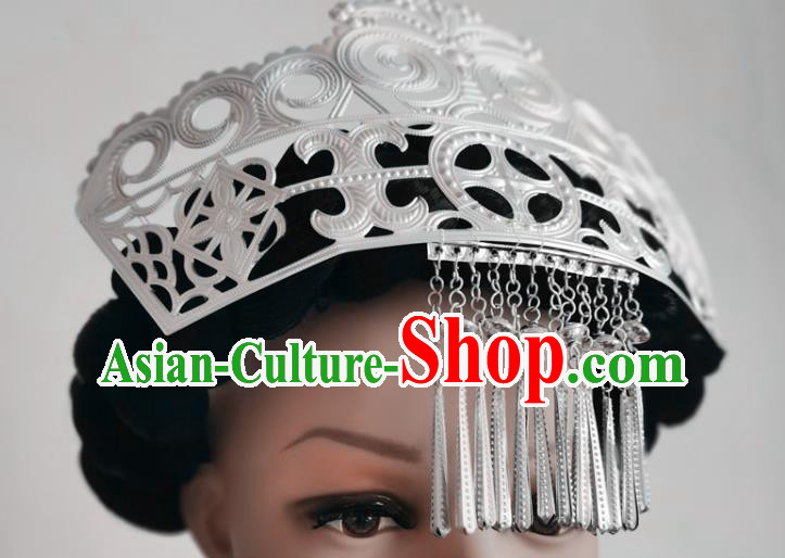 Chinese Liangshan Ethnic Silver Tassel Hair Crown Headwear Traditional Yi Nationality Ceremony Hat