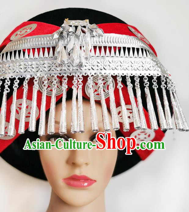 Chinese Liangshan Ethnic Stage Performance Headwear Traditional Yi Nationality Wedding Silver Tassel Red Hat