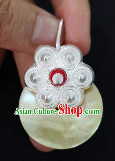 China Traditional Yi Nationality Silver Ear Accessories Handmade Liangshan Ethnic Yellow Shell Earrings