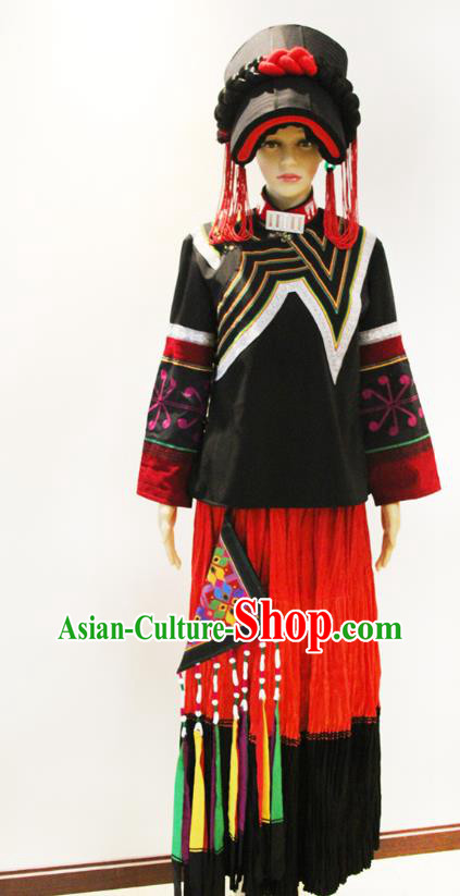 China Traditional Liangshan Ethnic Female Costumes Yi Nationality Minority Stage Performance Outfits Clothing and Hat