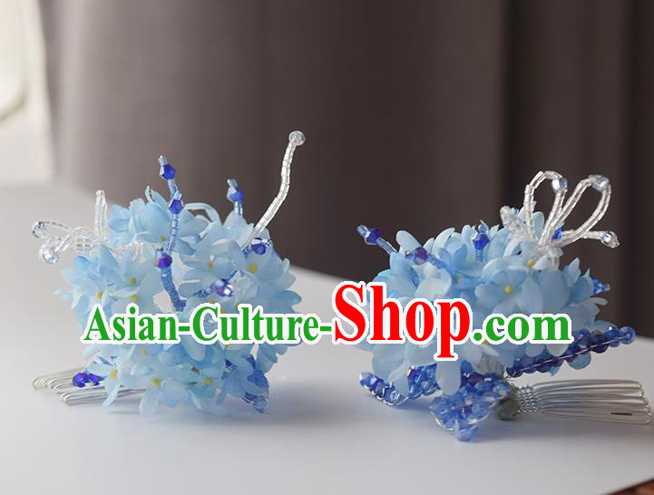 Chinese Handmade Cheongsam Hair Accessories Traditional Hanfu Blue Flowers Hair Comb