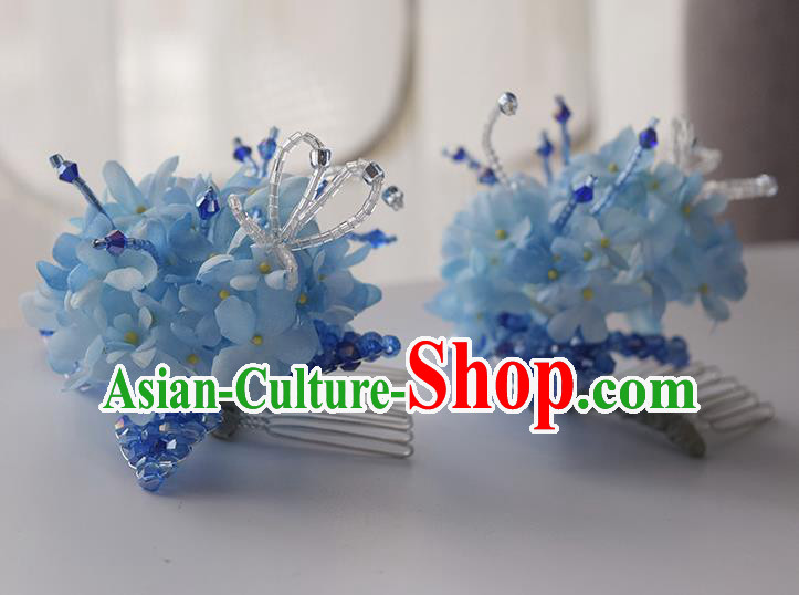 Chinese Handmade Cheongsam Hair Accessories Traditional Hanfu Blue Flowers Hair Comb