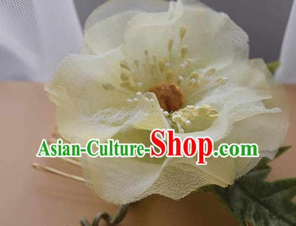 Chinese Traditional Hanfu Hair Comb Handmade Yellow Silk Camellia Hairpin Cheongsam Hair Accessories