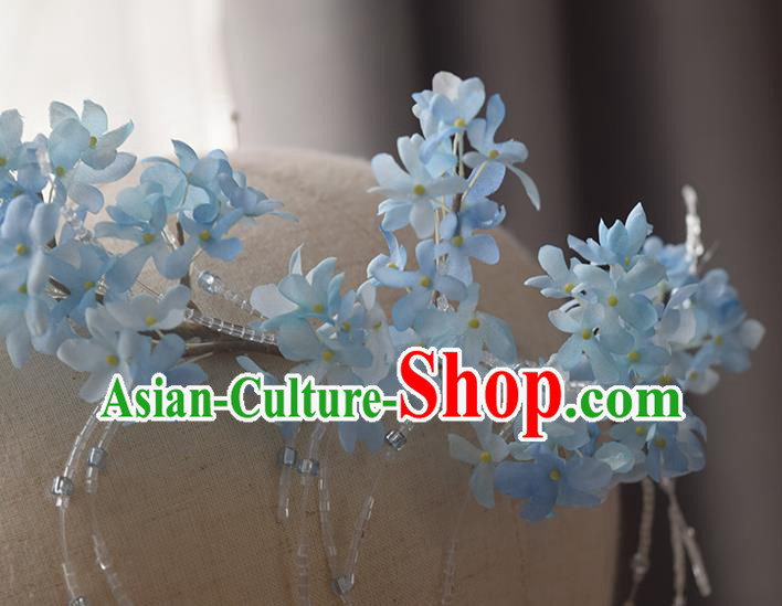 Chinese Handmade Beads Tassel Hair Accessories Traditional Hanfu Blue Flowers Hair Clasp
