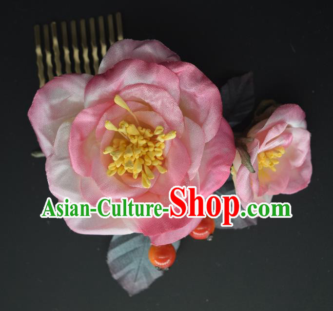 Chinese Traditional Cheongsam Hair Accessories Hanfu Hair Comb Handmade Pink Silk Peony Hairpin