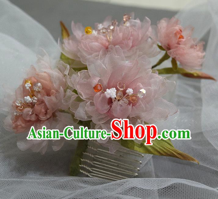 Chinese Traditional Ming Dynasty Hanfu Hair Comb Handmade Ancient Princess Pink Silk Peony Hairpin