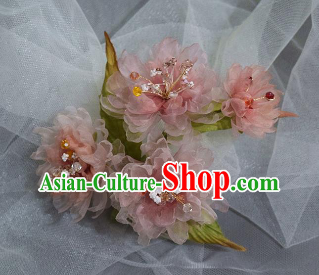 Chinese Traditional Ming Dynasty Hanfu Hair Comb Handmade Ancient Princess Pink Silk Peony Hairpin