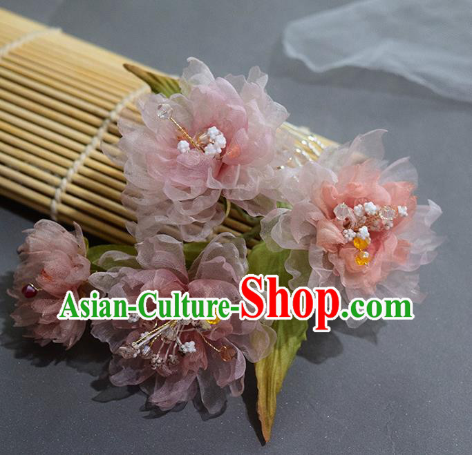 Chinese Traditional Ming Dynasty Hanfu Hair Comb Handmade Ancient Princess Pink Silk Peony Hairpin