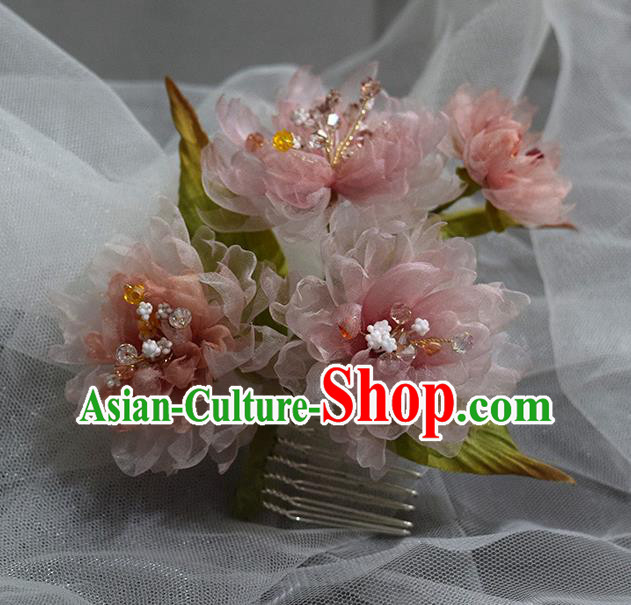 Chinese Traditional Ming Dynasty Hanfu Hair Comb Handmade Ancient Princess Pink Silk Peony Hairpin