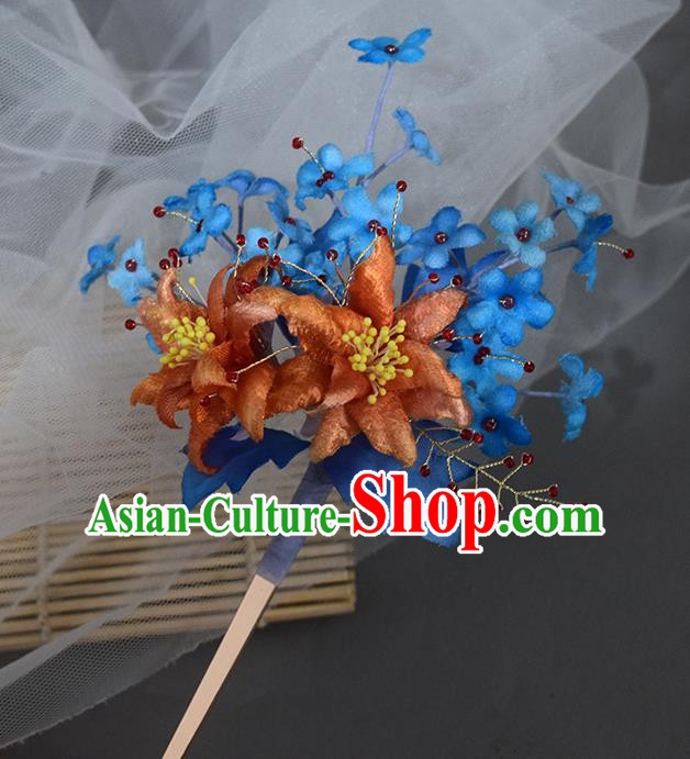 Chinese Handmade Ancient Princess Blue Silk Flowers Hairpin Traditional Ming Dynasty Hair Stick