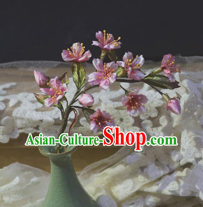 Chinese Handmade Ancient Princess Hairpin Traditional Ming Dynasty Pink Silk Sakura Hair Stick