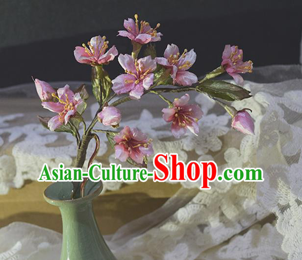 Chinese Handmade Ancient Princess Hairpin Traditional Ming Dynasty Pink Silk Sakura Hair Stick