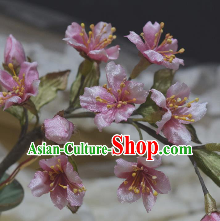 Chinese Handmade Ancient Princess Hairpin Traditional Ming Dynasty Pink Silk Sakura Hair Stick