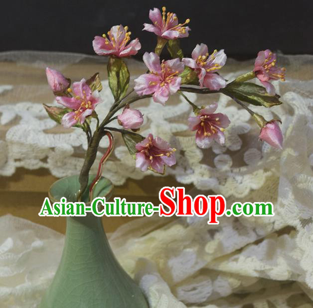 Chinese Handmade Ancient Princess Hairpin Traditional Ming Dynasty Pink Silk Sakura Hair Stick