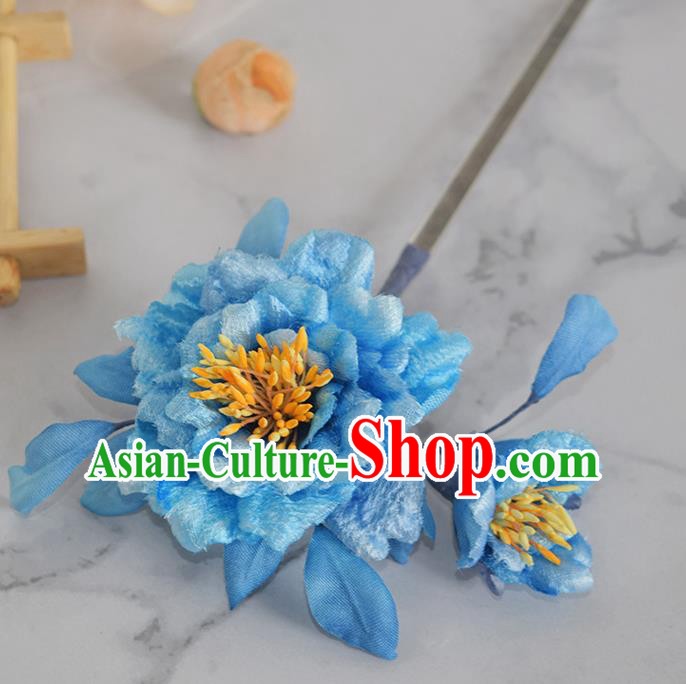 Chinese Handmade Ancient Imperial Concubine Hairpin Traditional Ming Dynasty Empress Blue Silk Peony Hair Stick